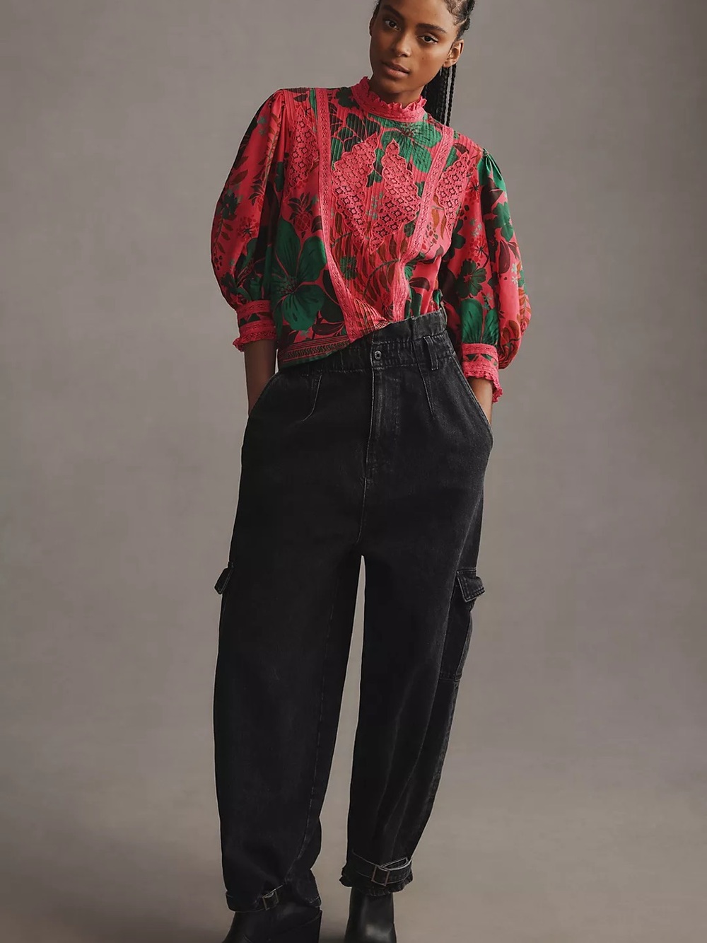 FARM Rio Red Floral Lace-Trim Puff Sleeve Blouse - Picture 2 of 6